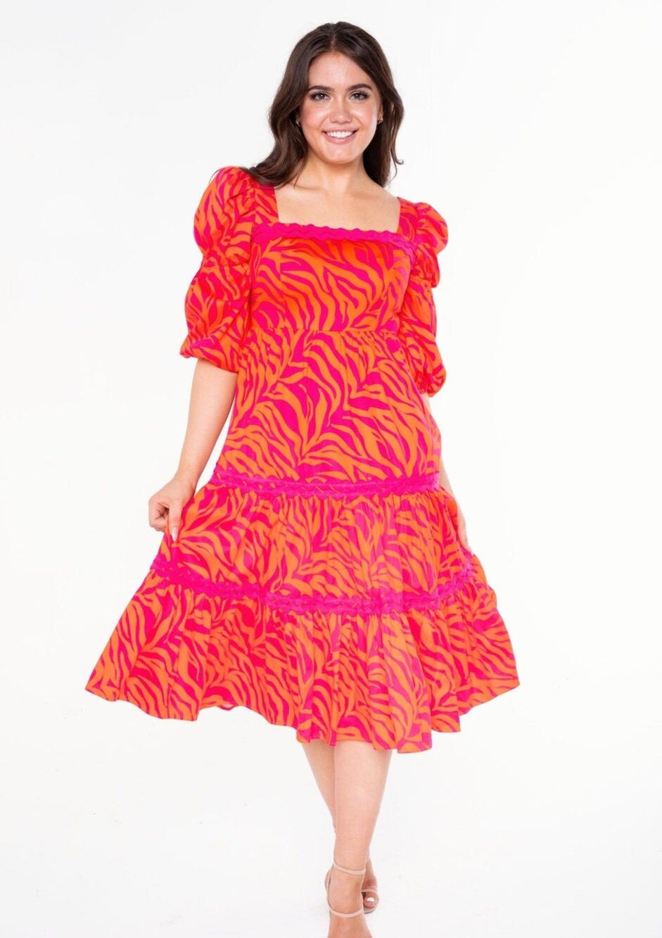 Alden Adair Mia Midi Dress XS Red Pink Abstract Print NWT